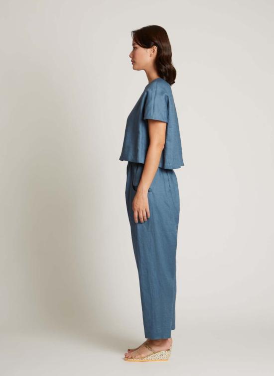  KAAREM 스트레이트 팬츠 카렘 이즈 테이퍼드 린넨 포켓  (남녀공용) 슬레이트 블루 - OTHER BRANDS