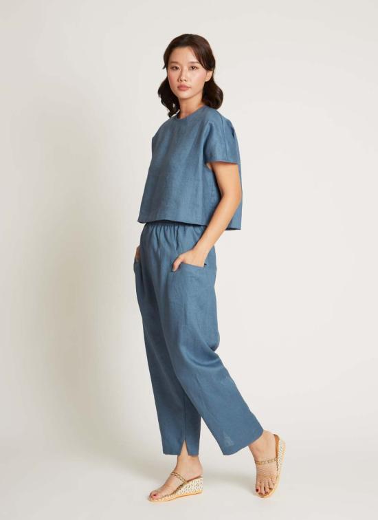  KAAREM 스트레이트 팬츠 카렘 이즈 테이퍼드 린넨 포켓  (남녀공용) 슬레이트 블루 - OTHER BRANDS