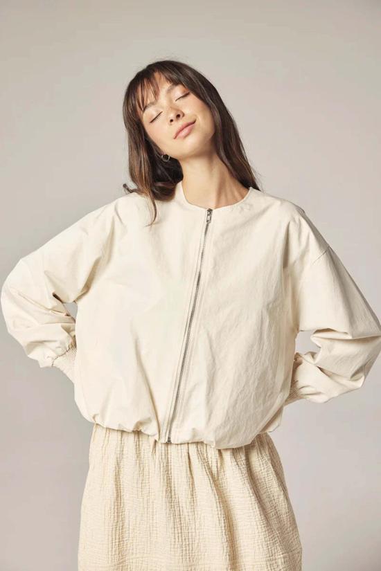  amente 봄버 자켓 아멘테 스모크 소매 지퍼업 재킷 - AMENTE