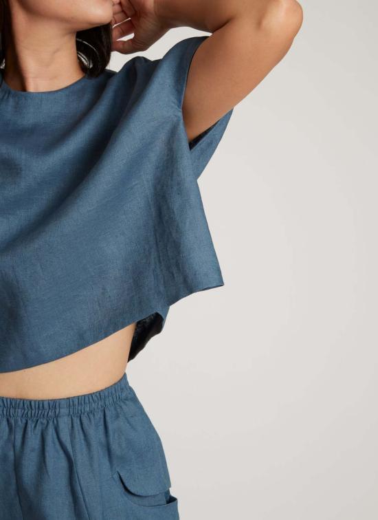  카렘 블라우스 로즈우드 돌먼 플리츠스테이 탑 슬레이트 블루 - KAAREM