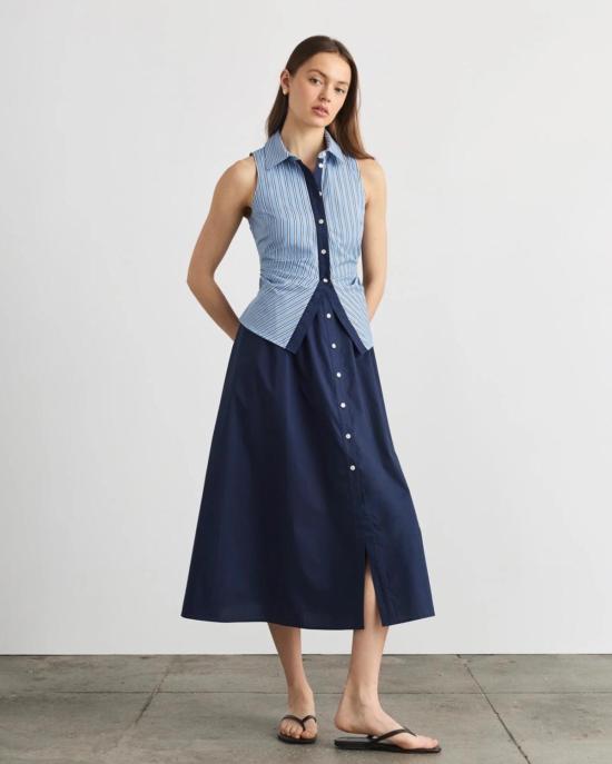  타냐 테일러 롱 원피스 한나 드레스 클라우디 블루/옵틱 화이트 - TANYA TAYLOR