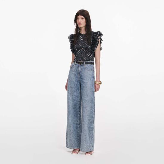  셀프 포트레이트 블라우스 도트 무늬 프릴 탑 블랙 - SELF PORTRAIT