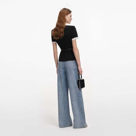  셀프 포트레이트 블라우스 크레이프 콘트라스트 프릴 탑 블랙 - SELF PORTRAIT