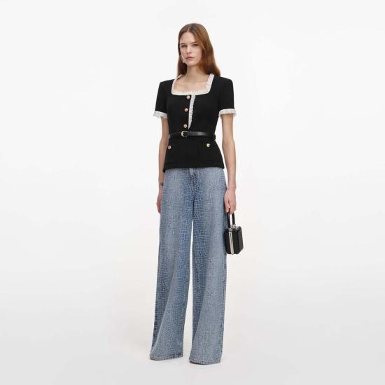  셀프 포트레이트 블라우스 크레이프 콘트라스트 프릴 탑 블랙 - SELF PORTRAIT