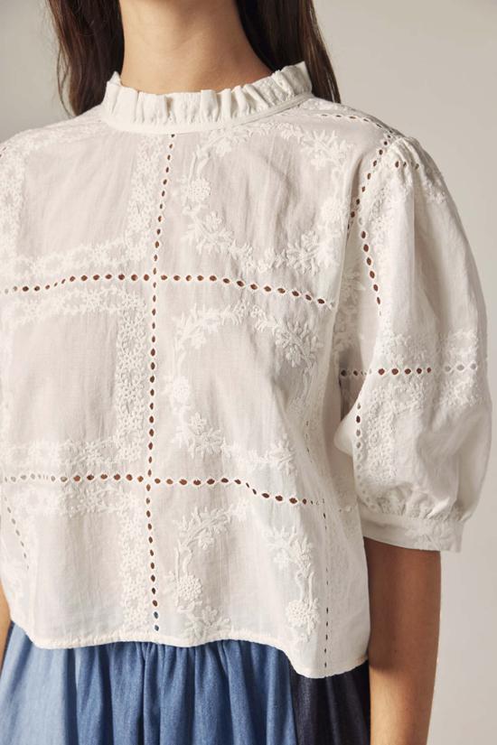  아멘테 블라우스 퍼프 슬리브 타이백 탑 화이트 - AMENTE