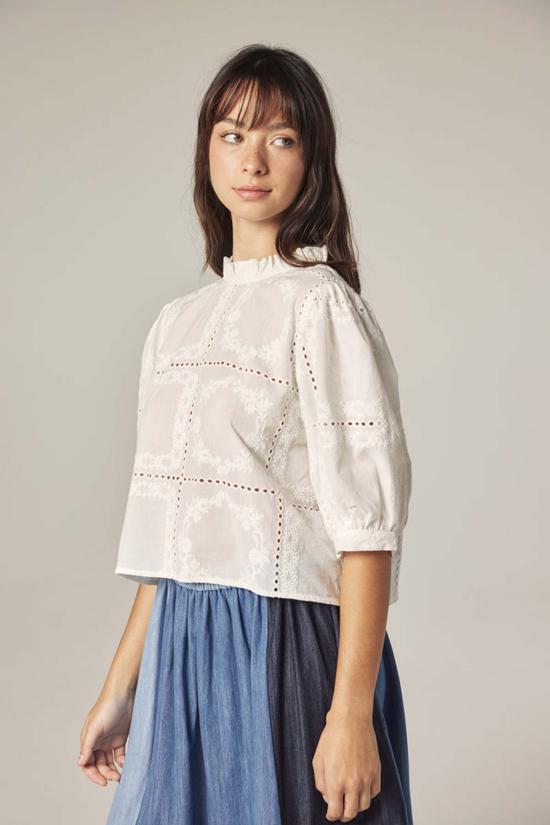  아멘테 블라우스 퍼프 슬리브 타이백 탑 화이트 - AMENTE