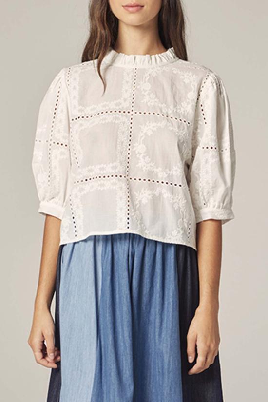  아멘테 블라우스 퍼프 슬리브 타이백 탑 화이트