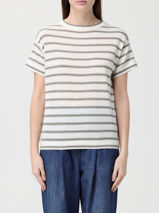 26SS 브루넬로 쿠치넬리 버진 울 & 캐시미어 라이트웨이트 스파클링 스트라이프 니트 티셔츠 M14854100 CIH19 Beige