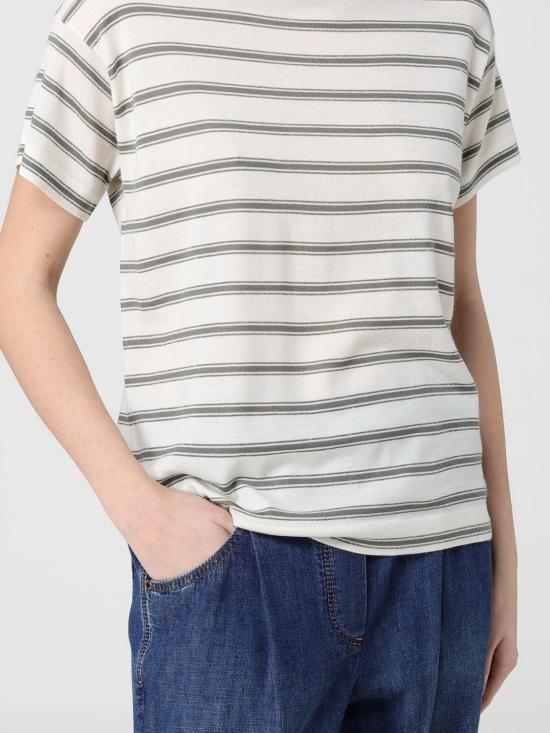 26SS 브루넬로 쿠치넬리 버진 울 & 캐시미어 라이트웨이트 스파클링 스트라이프 니트 티셔츠 M14854100 CIH19 Beige - BRUNELLO CUCINELLI