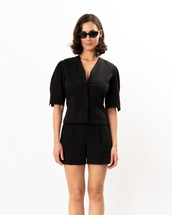  띠어리 블라우스 Theory 라운드 슬리브 버튼업 탑 블랙