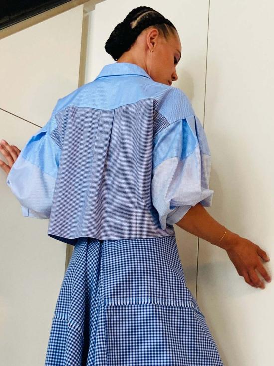  Yesaet 탑 예사엣 라케브 자카드 셔츠 블루 자카드 콤보