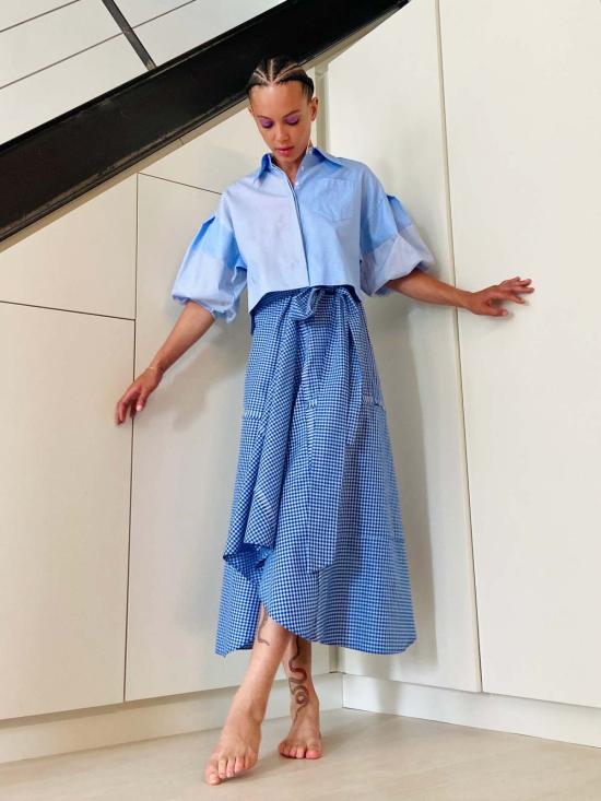  Yesaet 탑 예사엣 라케브 자카드 셔츠 블루 자카드 콤보 - OTHER BRANDS