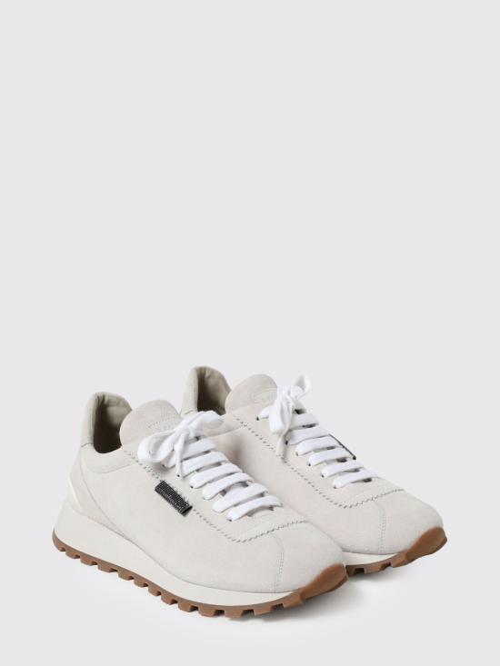 26SS 브루넬로 쿠치넬리 샤이니 탭 디테일 스웨이드 러닝 스니커즈 MZSFG2110 C8905 Ivory - BRUNELLO CUCINELLI