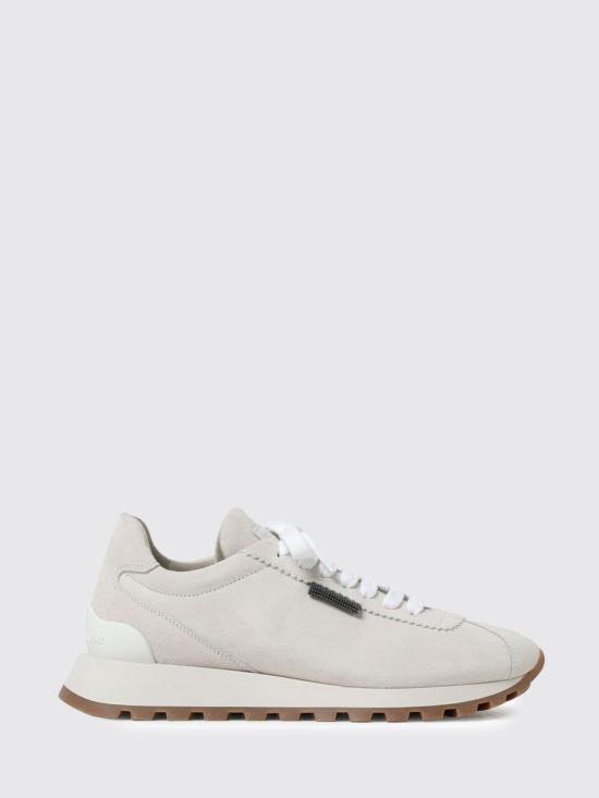 26SS 브루넬로 쿠치넬리 샤이니 탭 디테일 스웨이드 러닝 스니커즈 MZSFG2110 C8905 Ivory