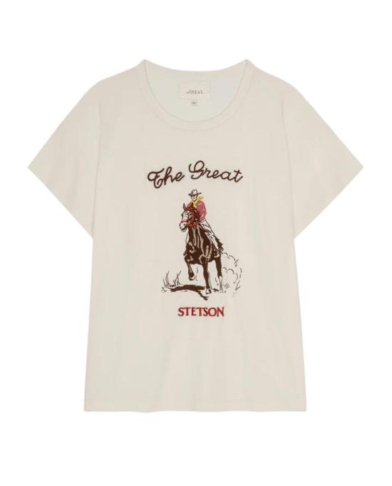  더 그레이트 반팔 티셔츠 . 박시 크루 스테트슨 그래픽 티셔츠 - THE GREAT