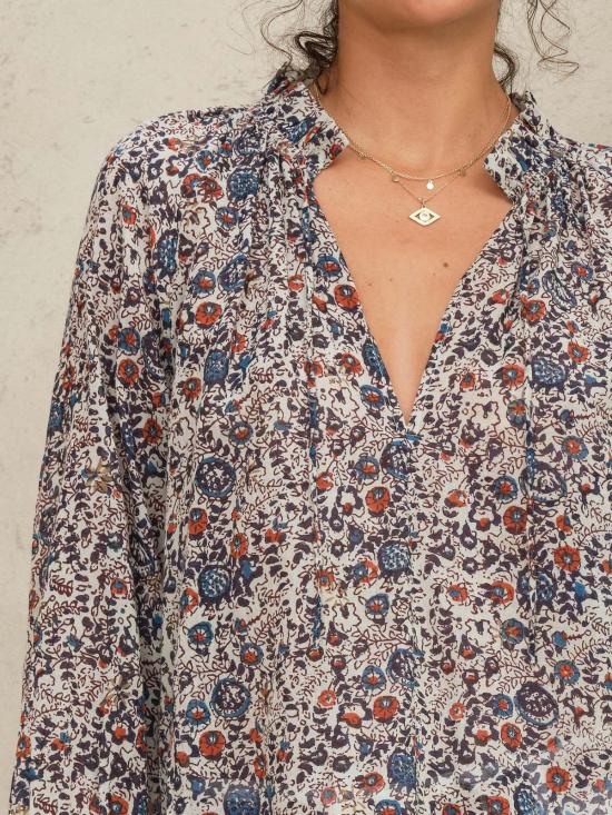  엠에이비이 블라우스 M.A.B.E Cass 프린트 긴팔 상의 인디고/러스트 - M.A.B.E