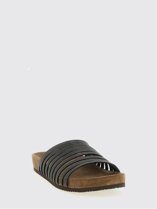 26SS 브루넬로 쿠치넬리 프레셔스 스트랩 스웨이드 슬라이드 MZGAG3157 C101 Black - BRUNELLO CUCINELLI