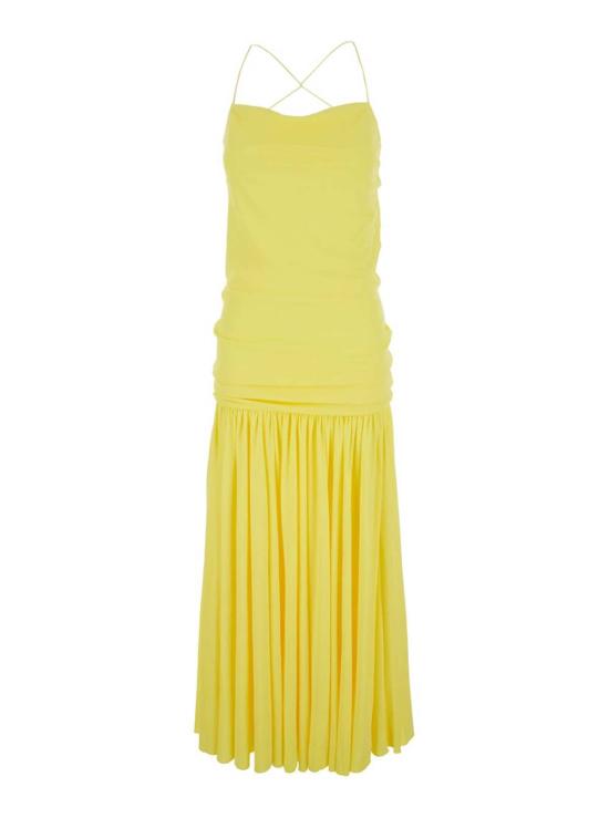  자크뮈스 미디 원피스 스트레이트 네크라인 개더 웨이스트 테크 드레스 옐로우