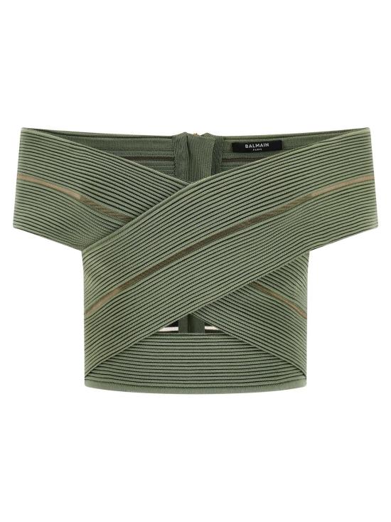  발망 민소매 티셔츠 오프숄더 크롭탑 그린