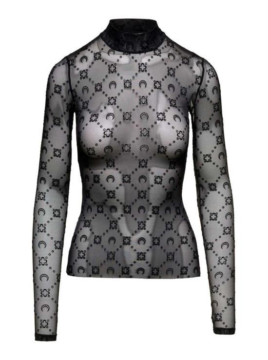  마린세르 긴팔 티셔츠 마린 세르 블랙 시스루 탑, 플록 처리된 모노그램 장식, 스트레치 폴리아미드 소재