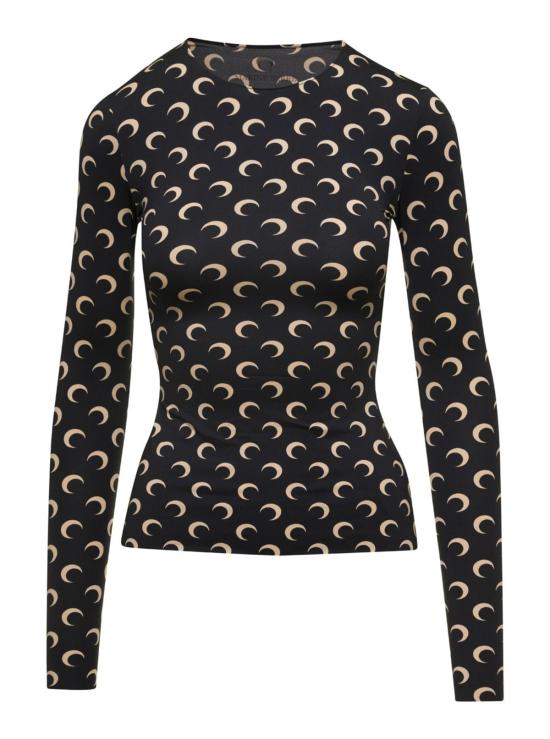  마린세르 긴팔 티셔츠 마린 세르 크루넥 올오버 크레센트 문 프린트 티셔츠 블랙