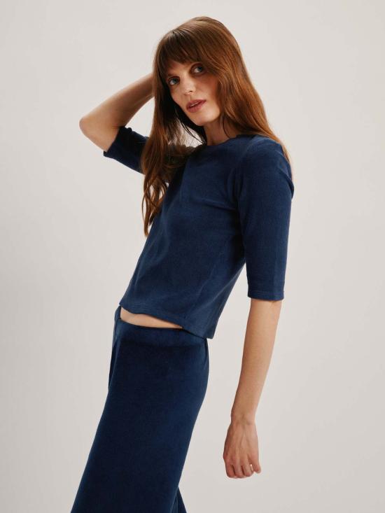  메이블앤모스 블라우스 수지 콘디 코르푸 엘보 슬리브 크루 탑 - MABEL AND MOSS