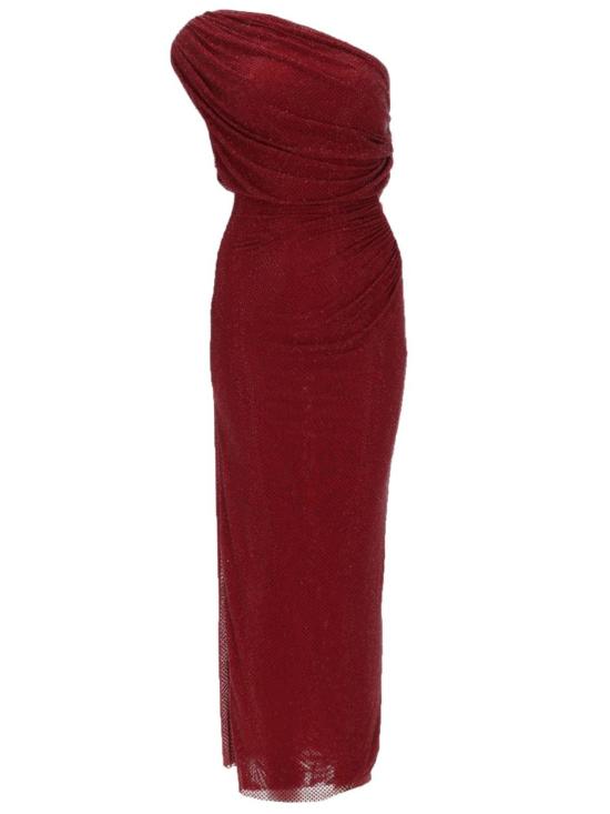  셀프 포트레이트 미디 원피스 미디 드레스 (라인스톤 장식, 버건디 색상)