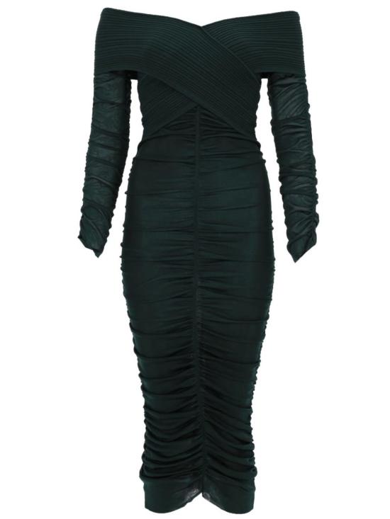  셀프 포트레이트 미디 원피스 비스코스 개더 미디 드레스 그린