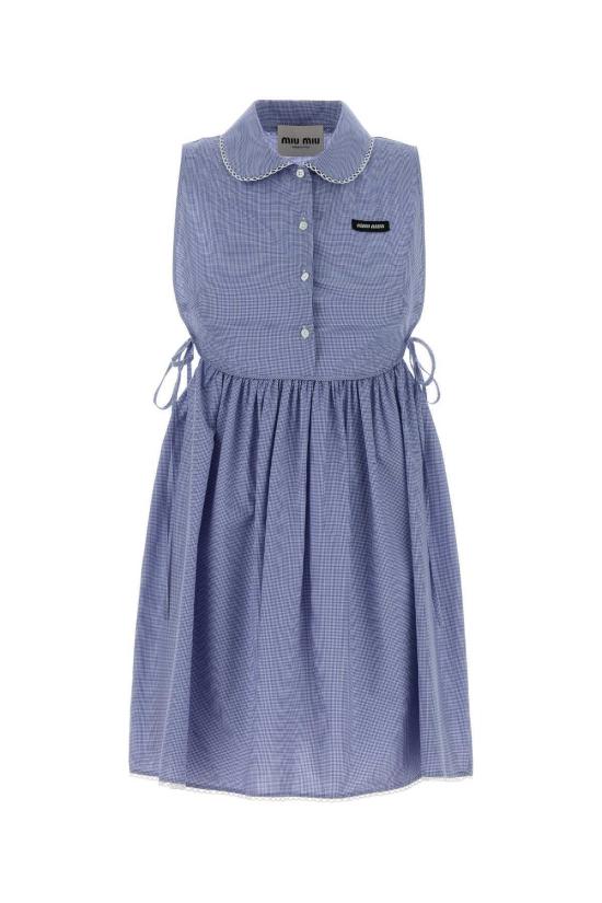  미우미우 숏 원피스 자수 코튼 미니 드레스 비앙코아주로