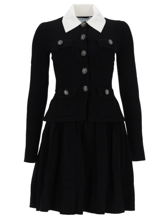  셀프 포트레이트 숏 원피스 미니 드레스 (대조적인 칼라 디자인, 블랙)