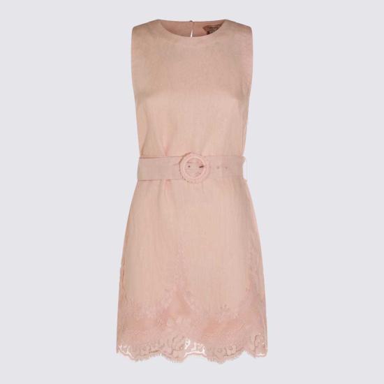  트윈셋 숏 원피스 핑크 린넨 미니 드레스 펄 로즈