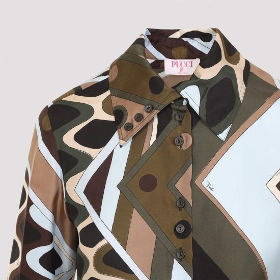  푸찌 탑 푸치 실크 셔츠 카키 블루 - PUCCI