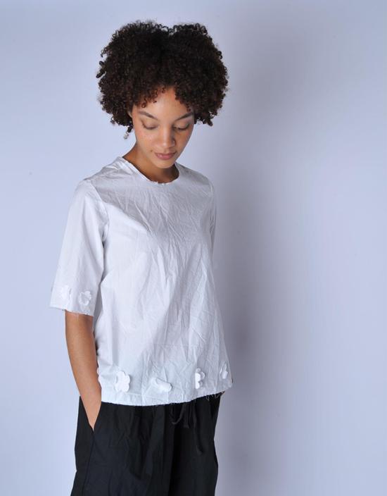  SCHA 블라우스 샤 V 백 엘보 슬리브 플라워 탑 화이트 - OTHER BRANDS