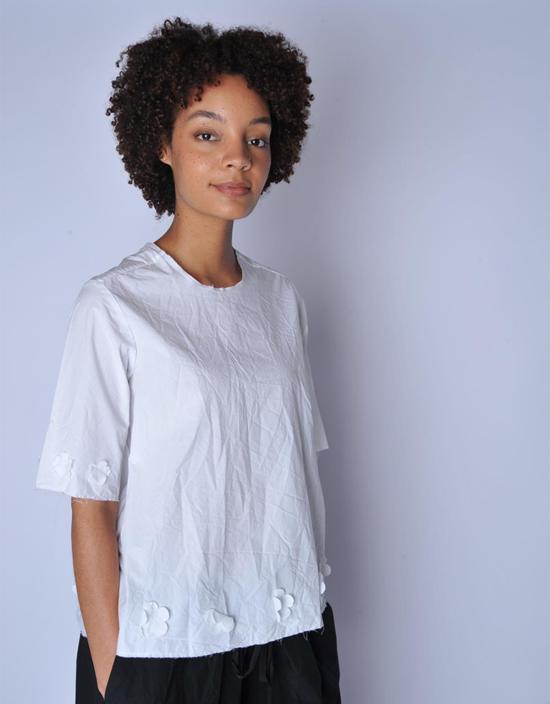  SCHA 블라우스 샤 V 백 엘보 슬리브 플라워 탑 화이트