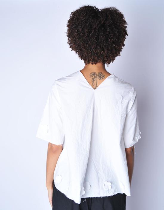  SCHA 블라우스 샤 V 백 엘보 슬리브 플라워 탑 화이트 - OTHER BRANDS