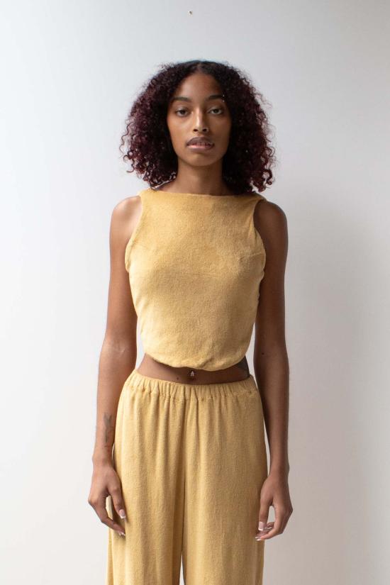  앳 던 민소매 티셔츠 새벽에. 테리 백 타이 탑