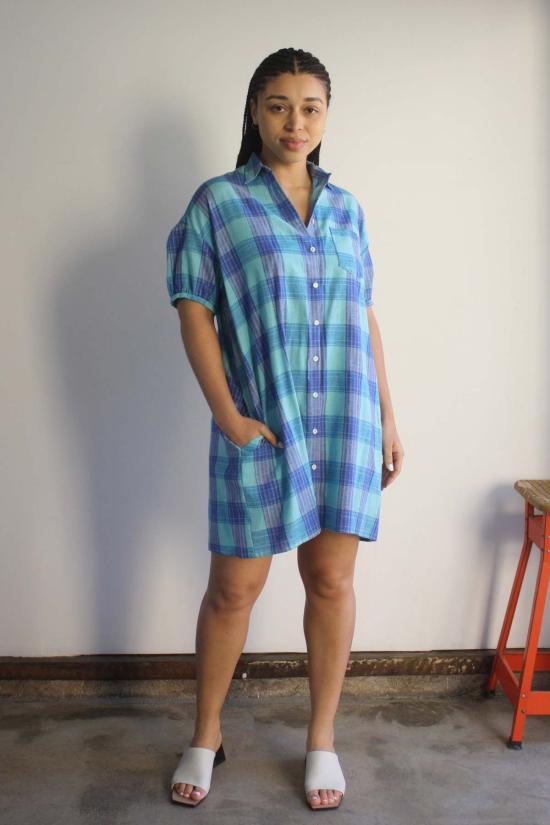  머틀 숏 원피스 키키 드레스 아쿠아 체크 - MYRTLE