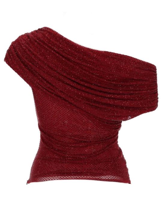  셀프 포트레이트 블라우스 비대칭 탑 라인스톤 장식 탑 버건디 - SELF PORTRAIT