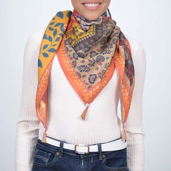  비스마야 머플러/스카프 럭스 디바인 모자이크 실크 스카프 오렌지 - VISMAYA