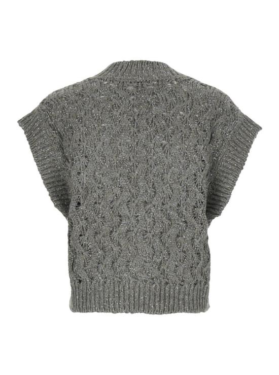  브루넬로 쿠치넬리 베스트 실크 및 린넨 혼방 소재, 스팽글 디테일 V넥  (그레이) - BRUNELLO CUCINELLI