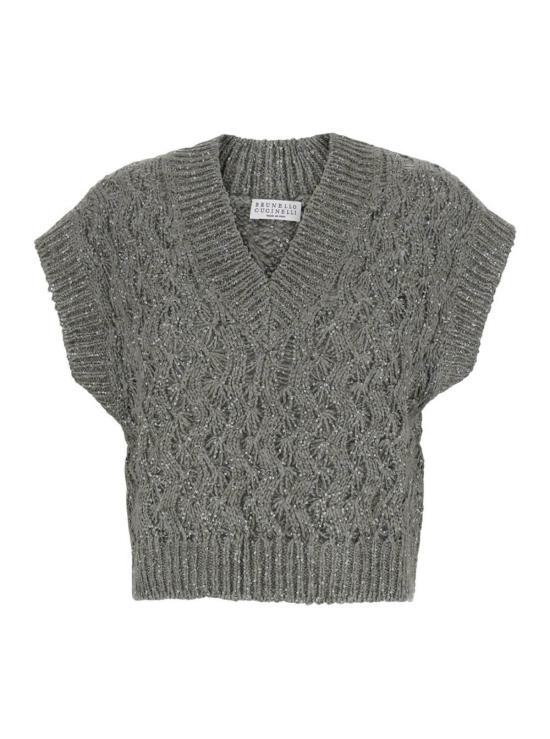  브루넬로 쿠치넬리 베스트 실크 및 린넨 혼방 소재, 스팽글 디테일 V넥  (그레이)