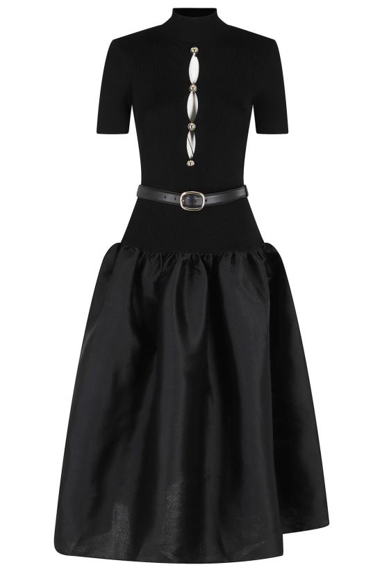  셀프 포트레이트 미디 원피스 니트 태피터 미디 드레스 블랙