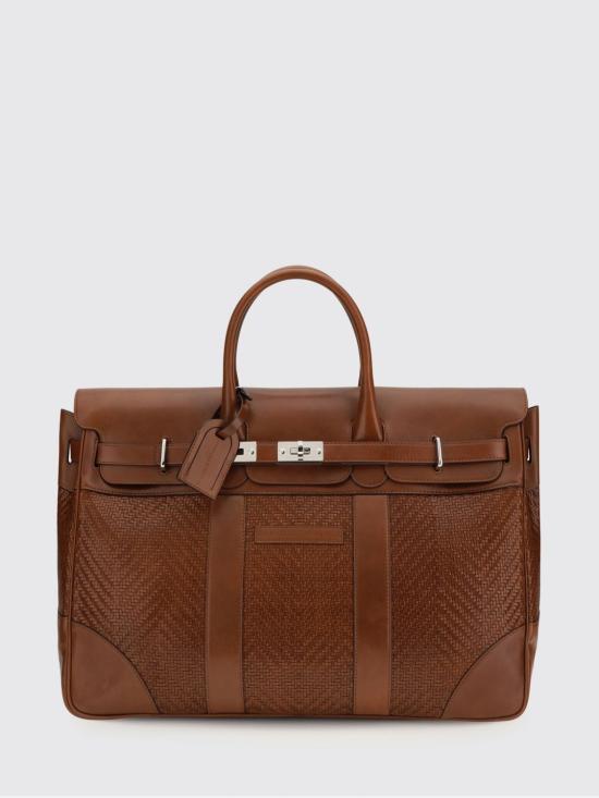 26SS 브루넬로 쿠치넬리 브레이드 카프스킨 & 카우하이드 컨트리 백 MBXOBU071 C9186 Brown