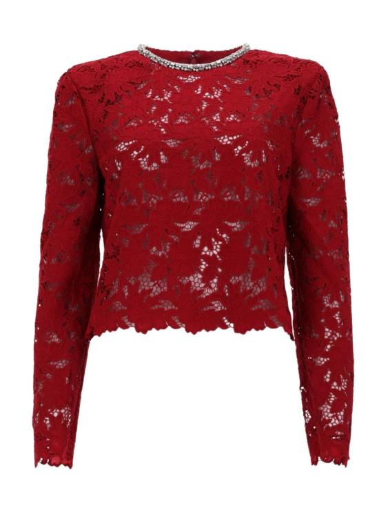  셀프 포트레이트 블라우스 레이스 탑 크리스털 장식 버건디 색상
