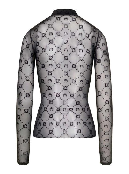  마린세르 블라우스 마린 세르 블랙 시스루 탑, 플록 처리된 모노그램 장식, 스트레치 폴리아미드 소재, 블랙 - MARINE SERRE