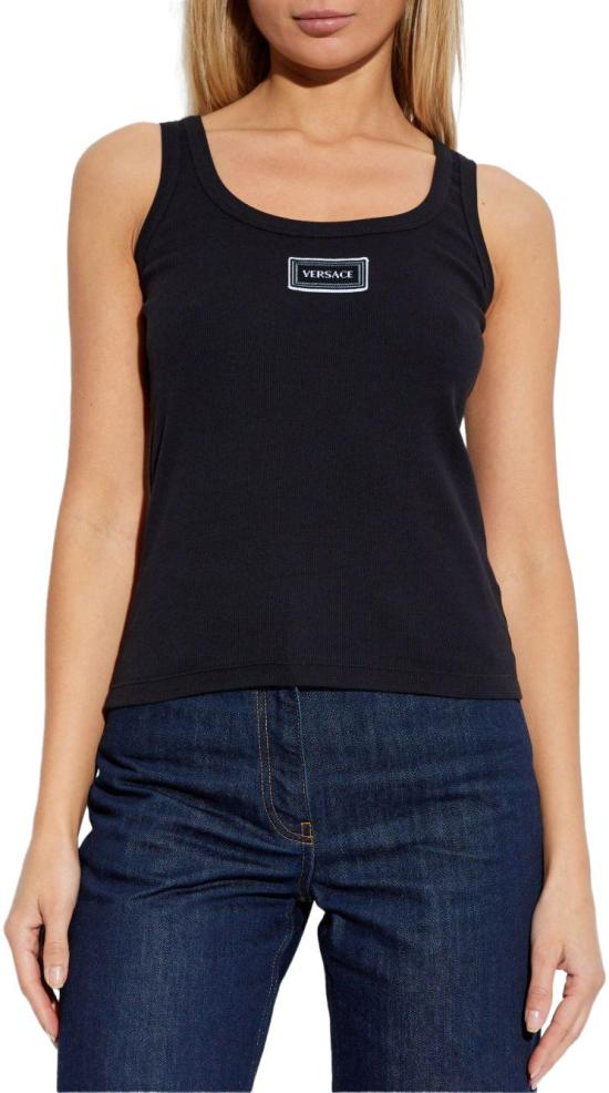 26SS 베르사체 로고 패피 리브드 스트레치 코튼 탱크탑 10232101A172221B000 BLACK - VERSACE