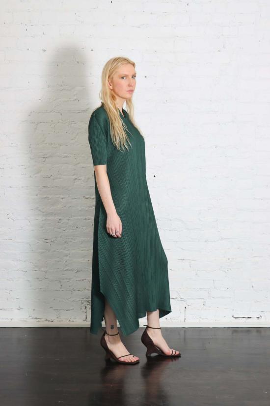  플리츠플리즈 롱 원피스 이세이 미야케의 플리츠 플리즈 3월 월간 컬러 드레스, 다크 그린 - PLEATS PLEASE