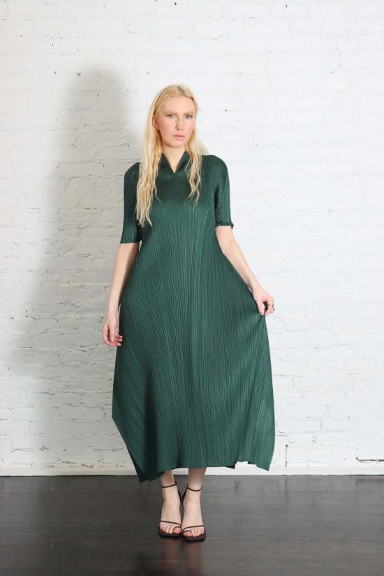  플리츠플리즈 롱 원피스 이세이 미야케의 플리츠 플리즈 3월 월간 컬러 드레스, 다크 그린 - PLEATS PLEASE