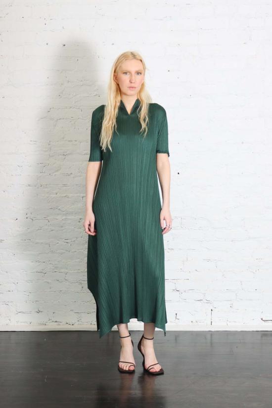  플리츠플리즈 롱 원피스 이세이 미야케의 플리츠 플리즈 3월 월간 컬러 드레스, 다크 그린