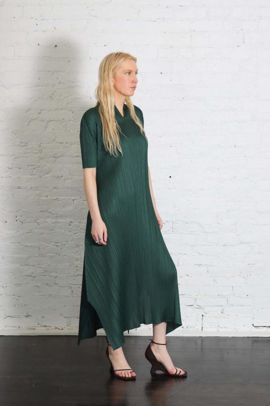  플리츠플리즈 롱 원피스 이세이 미야케의 플리츠 플리즈 3월 월간 컬러 드레스, 다크 그린 - PLEATS PLEASE